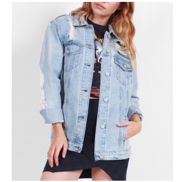 BOOM BOOM JEANS Destroyed Distressed Denim Jacket L - Picture 10 of 16